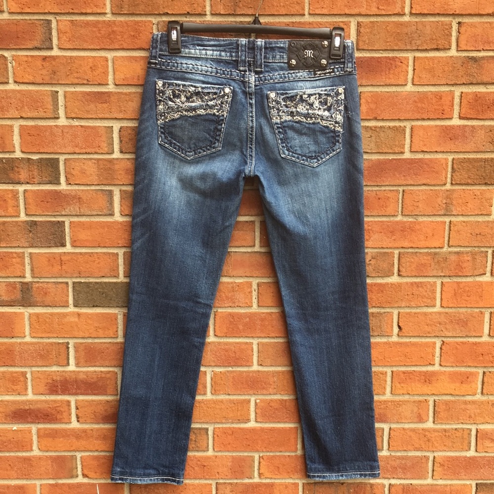 Miss Me Skinny Rhinestone Embellished Thick Stitch Gently Distressed Jeans sz 30